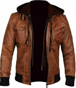 Brown Motorcycle Hoody Biker Bomber Mens Vintage Cafe Racer Lamb Leather Jacket - Picture 1 of 3