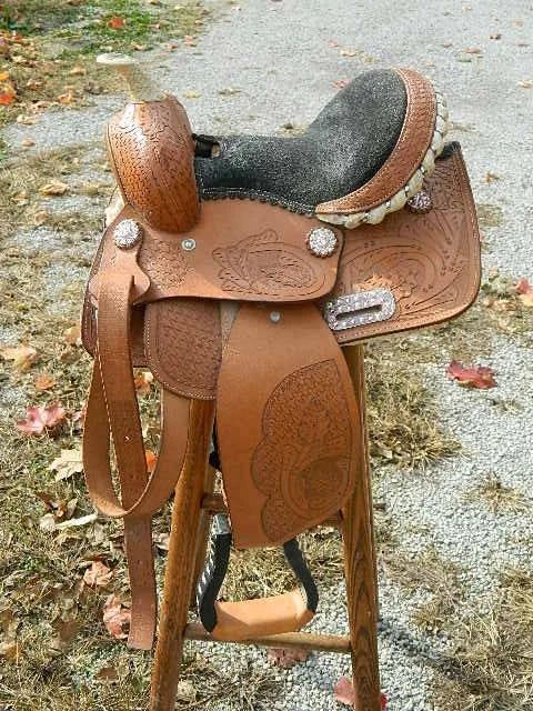 Western Pony Saddle 10" Youth Tooled Leather w/Stones &Jeweled Studs SHIPS FREE - Image 1 of 1