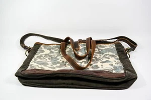 Myra Bag Panache Weekender Tote Blue Camo Canvas Brown Leather Zip Crossbody Bag - Picture 1 of 6