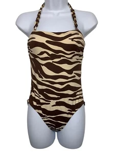 GAP Body Women's size S (2-4) Brown Zebra Stripe Halter Neck One Piece Swimsuit - Picture 1 of 10