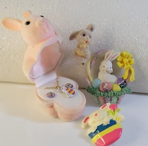 Osterhase Hase Eierkorb Halskette Ohrringe beflockt Keramik Kunststoff Posten - Bild 1 von 11