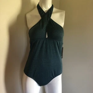 Jones New York Swimsuit Swimwear Cross-Neck Glitter One Piece L Bodysuit Teal - Picture 1 of 12