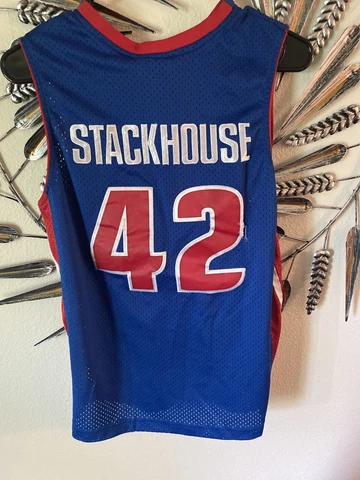 Rare VTG Blue Nike Detroit Pistons Stackhouse #42 NBA Jersey Large Stitched Cover