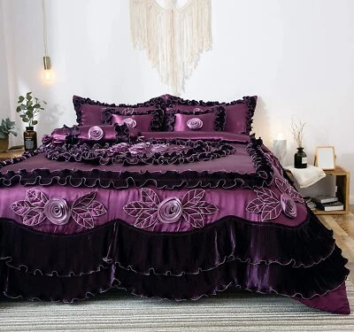Tache Satin Floral Ruffle Luxury Bedding Purple Midnight Bloom 6pc Comforter Set - Image 1 of 4