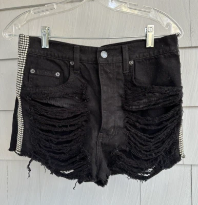 Pantalones Cortos Vaqueros Carmar Negros Deshilachados Cintura Alta Rayas Estrás Bling 26 Foto 1 de 4