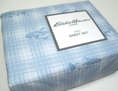 Eddie Bauer Home Cotton Pale Blue Plaid Trout Meadow King Sheet Set New - Image 1 of 4