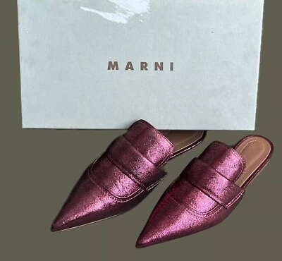 MARNI⚡️Magenta Rosa Metalizado Punta Brillo Puntera Plana Deslizable Mula Mocasines Talla 39/9 Foto 1 de 4