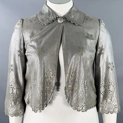 Chaqueta Blazer EMILIO PUCCI Talla 10 Cuero Perforado Plateado Cuello Peter Pan Foto 1 de 4