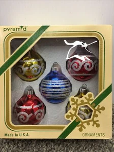 5 Vintage Pyramid Rauch Round Christmas Ornaments with Glitter - Imagen 1 de 3