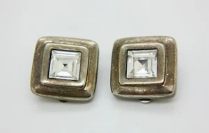 AlphaTJ Oxidized Silver Tone Square SwarovskiClip On Earrings Signed Statement - Picture 1 of 5