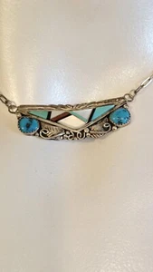 Vintage Native American Sterling Silver Multistone Bar Necklace Makers Marked M - Picture 1 of 8