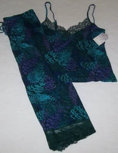 NWT In Bloom by Jonquil Green/Purple PEONY Cropped Knit Pajama Set XL LACE Trim - Picture 1 of 7