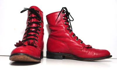 Botas femininas vintage anos 1990 Justin couro vermelho com cadarço Kiltie Roper 6.5B faroeste - Imagem 1 de 4