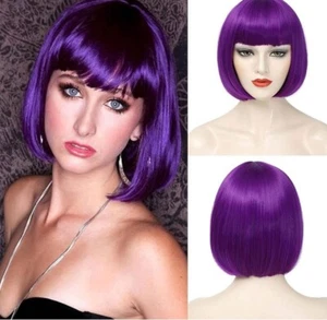 Purple Bob Wig With Bangs Short Dark Purple Bob Wigs Straight Bob 10" Synthetic - Picture 1 of 4