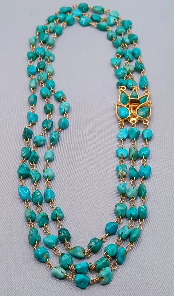 Turquoise Chip Necklace 3 Strand Gold Tone Link Decorative Box Clasp 16.5" - Image 1 of 4