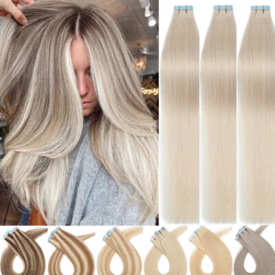 US Tape In 100% Real Thick Human Hair Extensions Skin Weft Full Head Blonde 150g - Image 1 of 4
