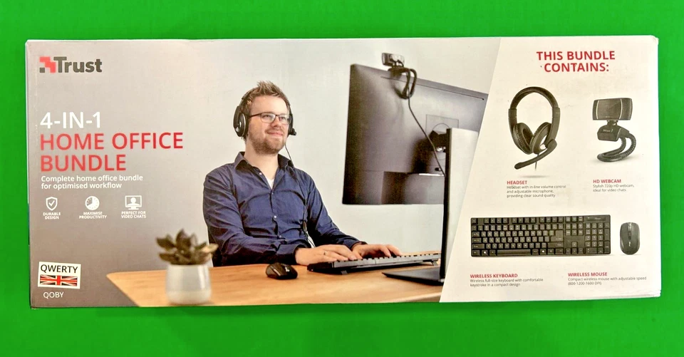 Trust  4-in-1 Home Office  Wireless Keyboard & Mouse Headset HD Webcam Zoom - Image 1 of 1