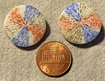 Set of 2 White Glass Shank Buttons Red Blue Gold Paint 7/8" 22.6mm # 9497 - Image 1 of 3