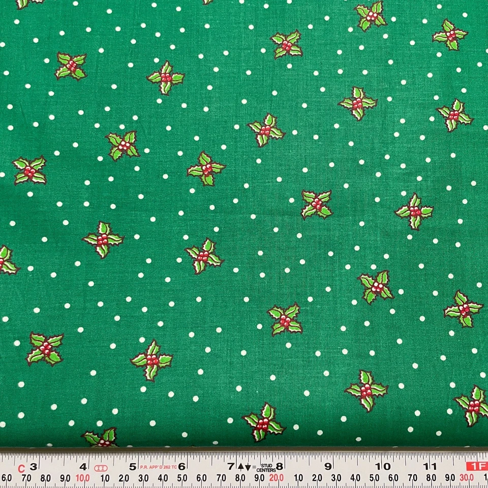 Vintage 1992 Cheryl Ann Johnson Christmas Holly Polka Dots Broadcloth 24" x 45" - Image 1 of 2