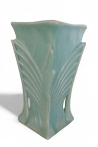 Vintage MCM 1941 McCoy Pottery Turquoise Art Deco Double Handle 9" Vase *AS IS* - Picture 1 of 20