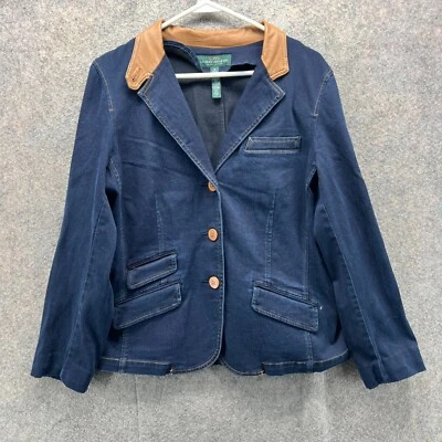 Blazer Ralph Lauren Mujer 4 Denim Marrón Gamuza Cuello Montar Ecuestre Western Foto 1 de 4
