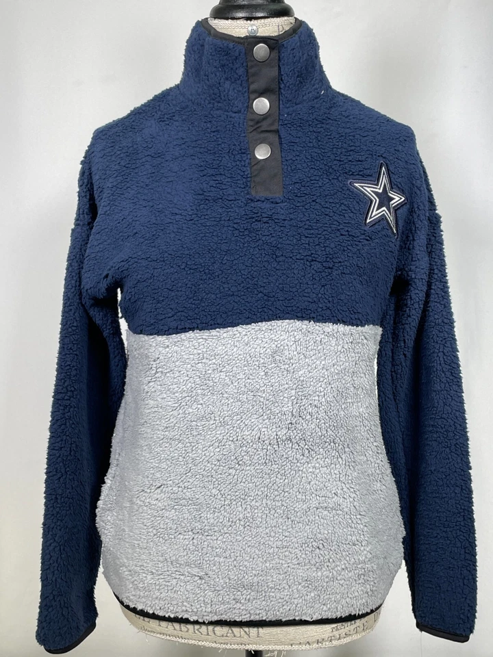 Dallas Cowboys NFL Blue 1/4 Button Faux Shearling Sweatshirt Teens SMALL