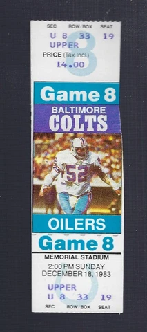 COLTS FINAL GAME IN BALTIMORE - VINTAGE 1983 NFL OILERS FULL FOOTBALL TICKET Cover