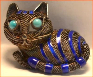 SELTENE STERLING & KOBALTBLAUE EMAILLE KATZE ANSTECKNADEL TÜRKIS CABOCHON AUGEN VINTAGE CHINA - Bild 1 von 8