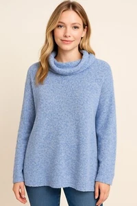 Kuscheliger lässiger Damenpullover blau Wasserfallausschnitt weicher Strick lockere Passform leicht - Bild 1 von 12