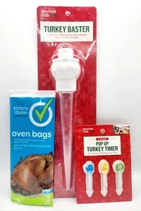 TURKEY BAKING LOT Gourmet Club Turkey Baster, 3pk Pop-Up Timers 2 Oven Bags NEW - Picture 1 of 7