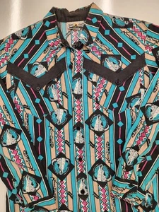 Herren Vintage Dakota Sunset Western geknöpftes Hemd Größe M Totenkopf Azteken Cowboy USA - Bild 1 von 7