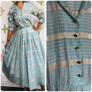 Vintage 1950s Blue & Gold Striped Fit & Flare Dress - Handmade 50s Party Dress - Picture 1 of 10