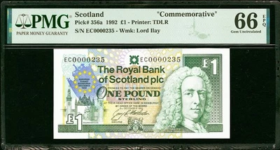 Scotland One Pound 1992 Commemorative LOW # 0000235 Pick-356a GEM UNC PMG 66 EPQ - Image 1 of 2