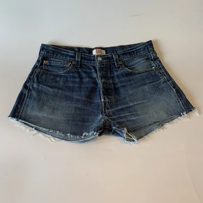 Vintage Levi’s 501 Denim Shorts W34 High Waisted Cut-Offs Made In 2001 Med Wash - Image 1 of 4