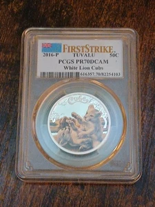 2016-P PGCS PR.70/DCAM FIRST STRIKE 1/2oz 999 The White Lion Cubs Tuvalu 50c ๐ฆ - Picture 1 of 6