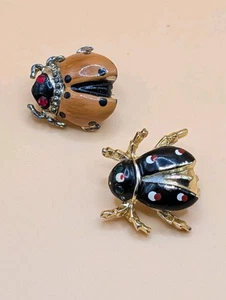 2 Vtg Enameled Ladybug Beetle Flying Insect Rhinestone Eyes Art Nouveau Brooch - Picture 1 of 10