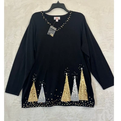 New Quacker Factory Womens Christmas Sweater 1X Sequin Trees - Image 1 of 4