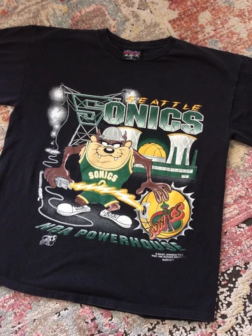 90s Seattle Super Sonics/Looney Tunes Taz Shirt Superpower Black T-shirt H7387 Cover