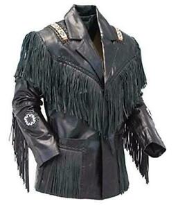 Men Black Western Style Cowboy Real Leather Jacket Fringed & Beaded