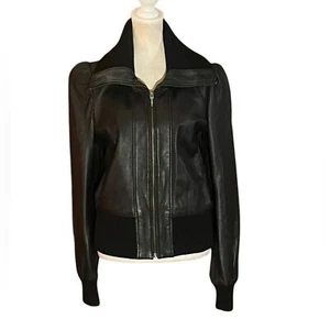 FRENCH CONNECTION BLACK LEATHER PUFF SLEEVE JACKET GREAT COND SIZE 8 - Picture 1 of 11
