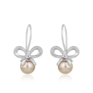 Trendy Bow Design CZ Pearl Earring 925 Sterling Fine Silver Girls Earrings - Picture 1 of 3