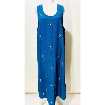 Jane Ashley denim maxi dress embroidered dragonfly blue cotton casual women's M - Image 1 of 4