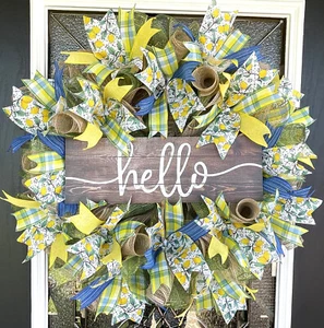 Hello Sunny Lemons & Blue Spring Summer Deco Mesh Wreath Farmhouse Cottage Decor - Picture 1 of 6