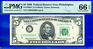 1969 $5 Federal Reserve Note PMG 66EPQ wanted popular Philadelphia Fr 1969-C - Picture 1 of 2