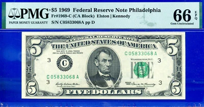 1969 $5 Federal Reserve Note PMG 66EPQ wanted popular Philadelphia Fr 1969-C - Image 1 of 2