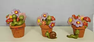 Set of 3 mini pots with flowers, worms, snail - New by Blossom Bucket #87361D - Picture 1 of 5
