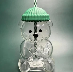 New Bear Straw Cup,Cute Bear Glass Mug with Lid and Straw,Bears Glass Bottle Mug - Bild 1 von 12