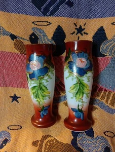 Lot 2 Antique Hand-painted Milk Glass Vases Floral Painting Lovely Art Decor  - Picture 1 of 14