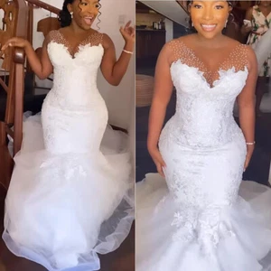 Plus Size Mermaid Wedding Dresses with Pearls Lace Appliques Off Shoulder Custom - Picture 1 of 9