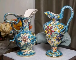 Vaso brocca vintage 2 H. Bequet Quaregnon Belgio Ewer dipinto a mano bordo oro 274 265 - Foto 1 di 24